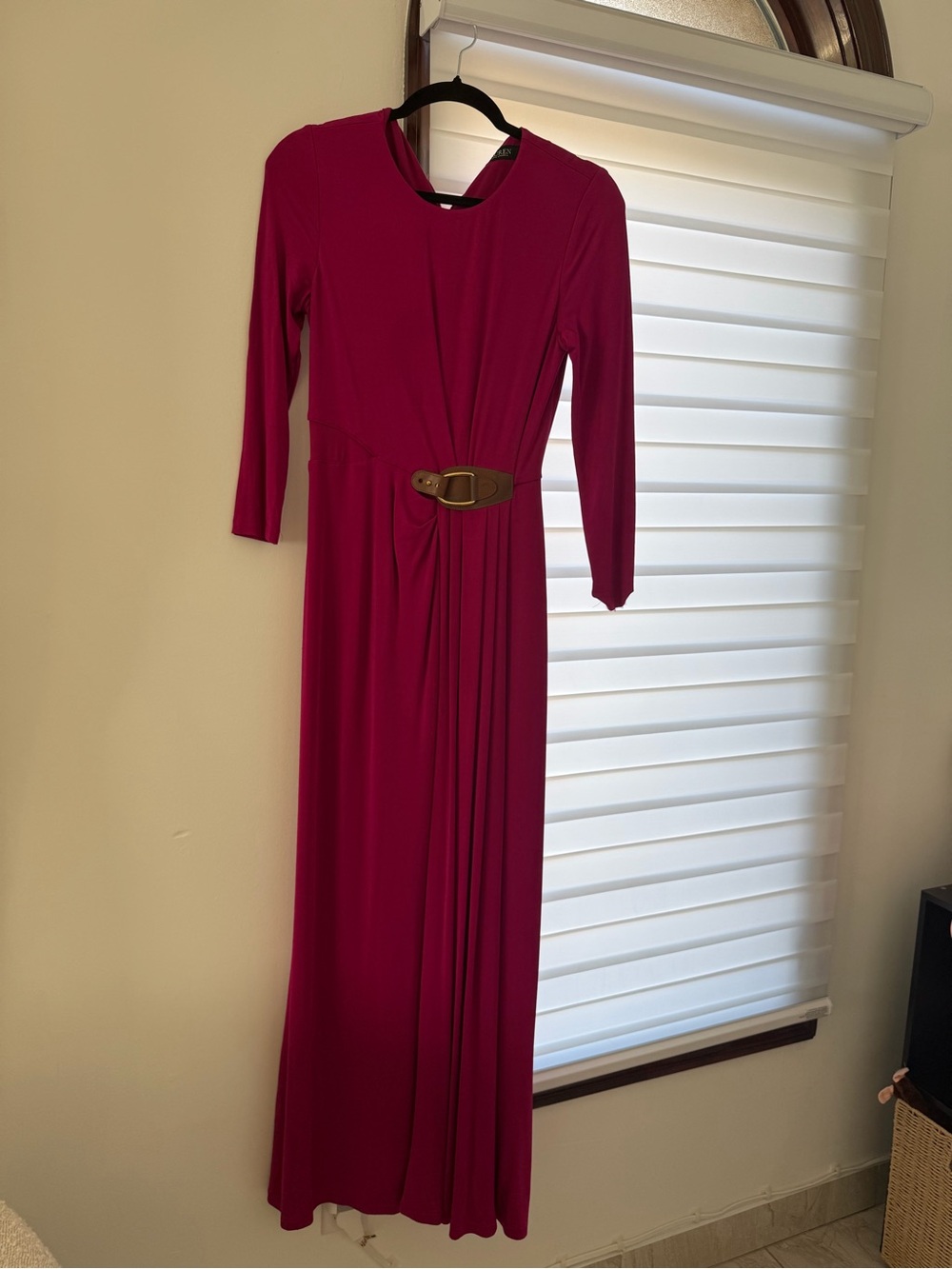 Lauren Ralph Lauren Magenta Maxi Dress with Brown Belt Accent